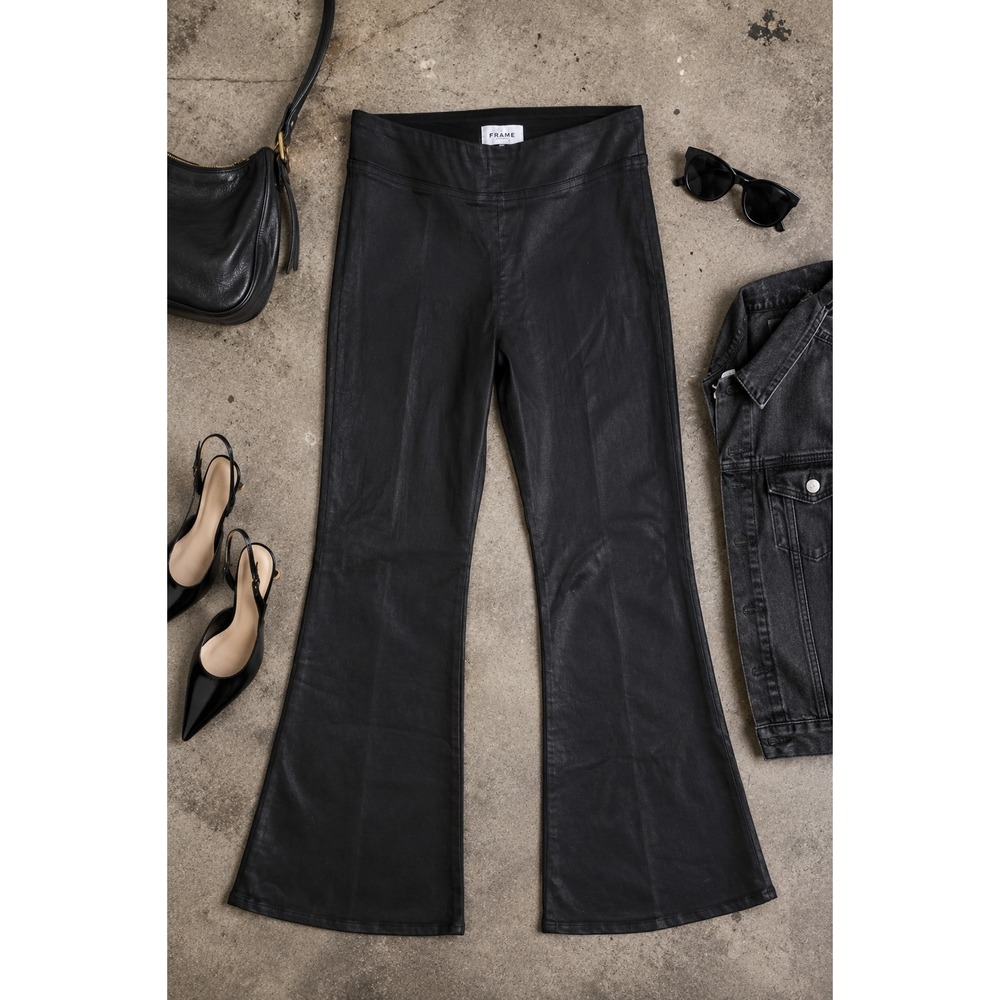 NWT New FRAME‎ Jetset Flare High Rise, Coated Noir, Size 2 (fits 30 to 34)